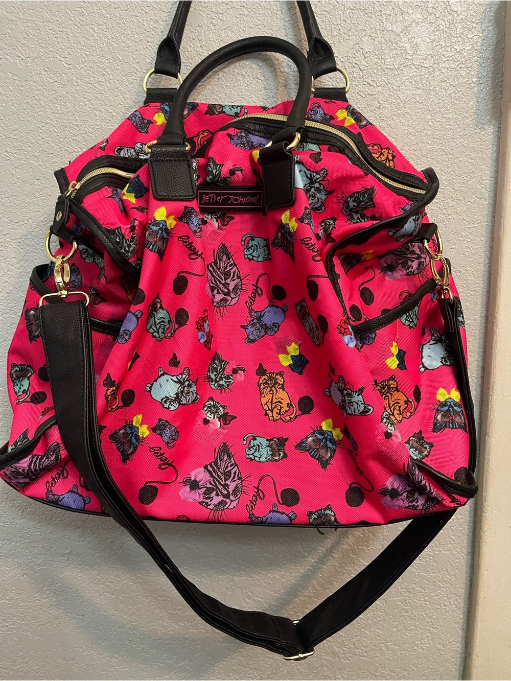 Betsey Johnson Hot Pink Cat Print Tote with Black Trim